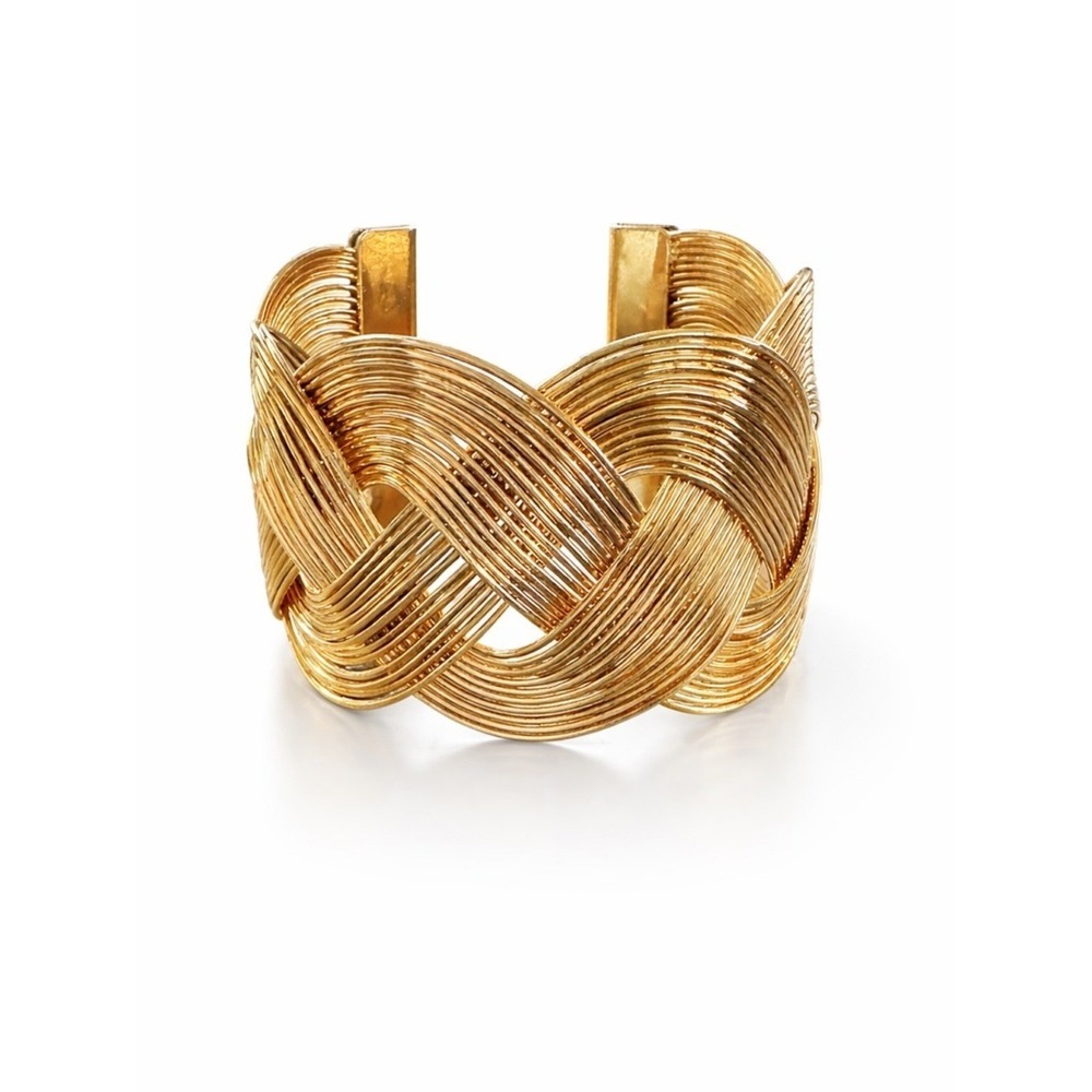 Gold Tone Wide Cuff Bracelet Statement Braided Design Open Adjustable Fashion